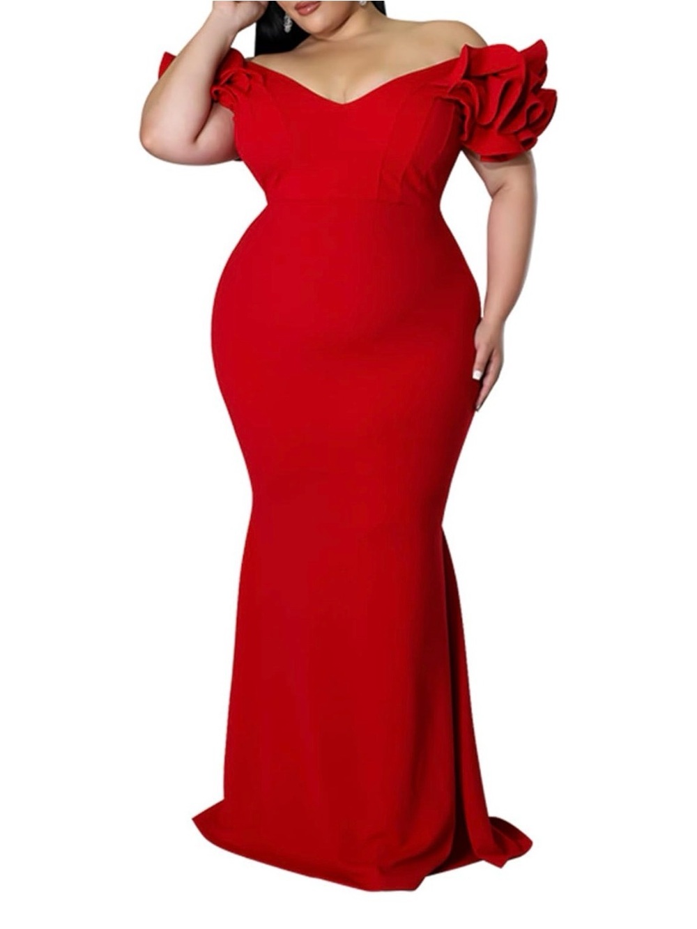 Plus Size Maxi Dress Elegant V-Neck Ruffle Sleeves Bodycon Mermaid Evening Gown